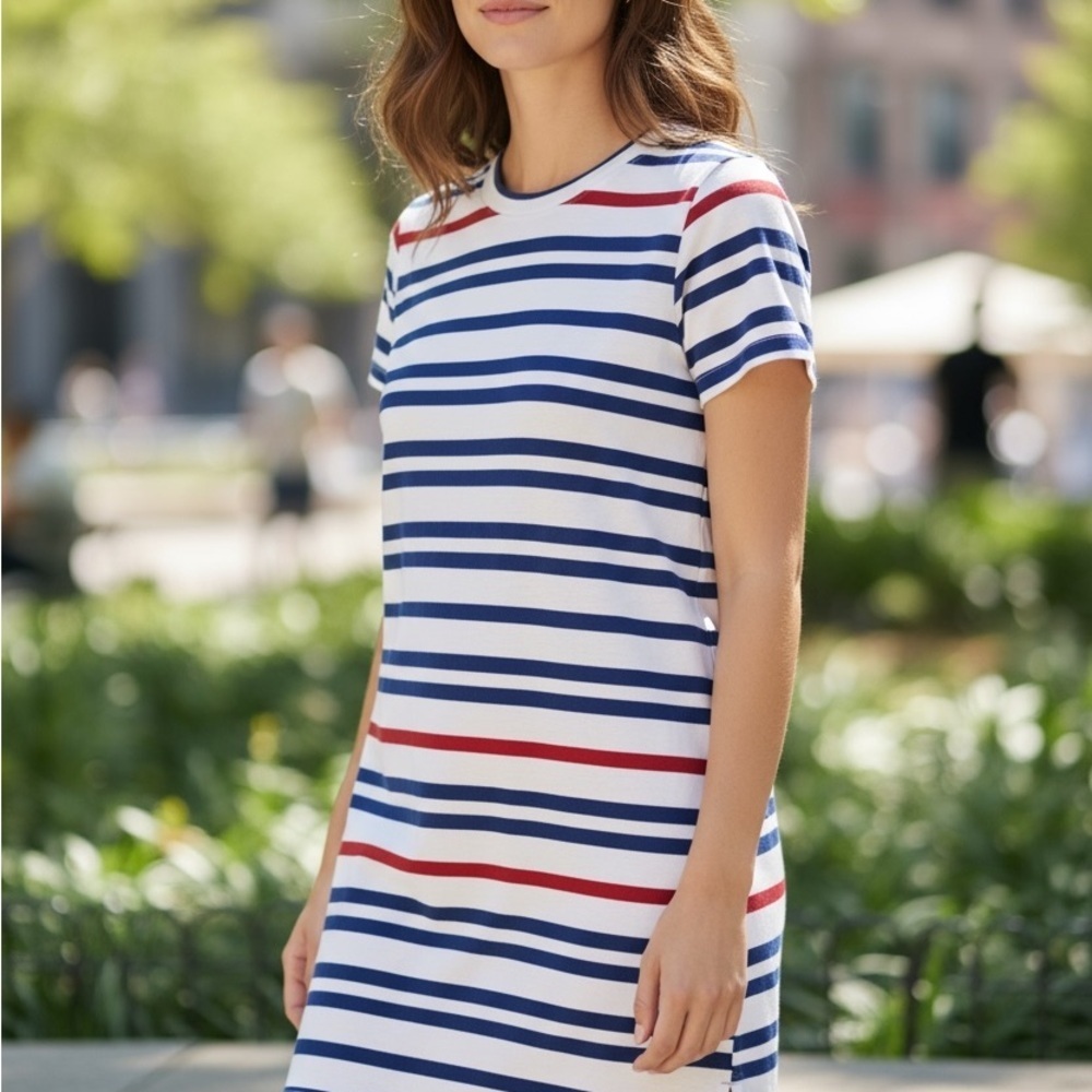 WHITE & Warren Striped Red White & Blue Cotton Popover Shirt Dress Relaxed M - Picture 2 of 11